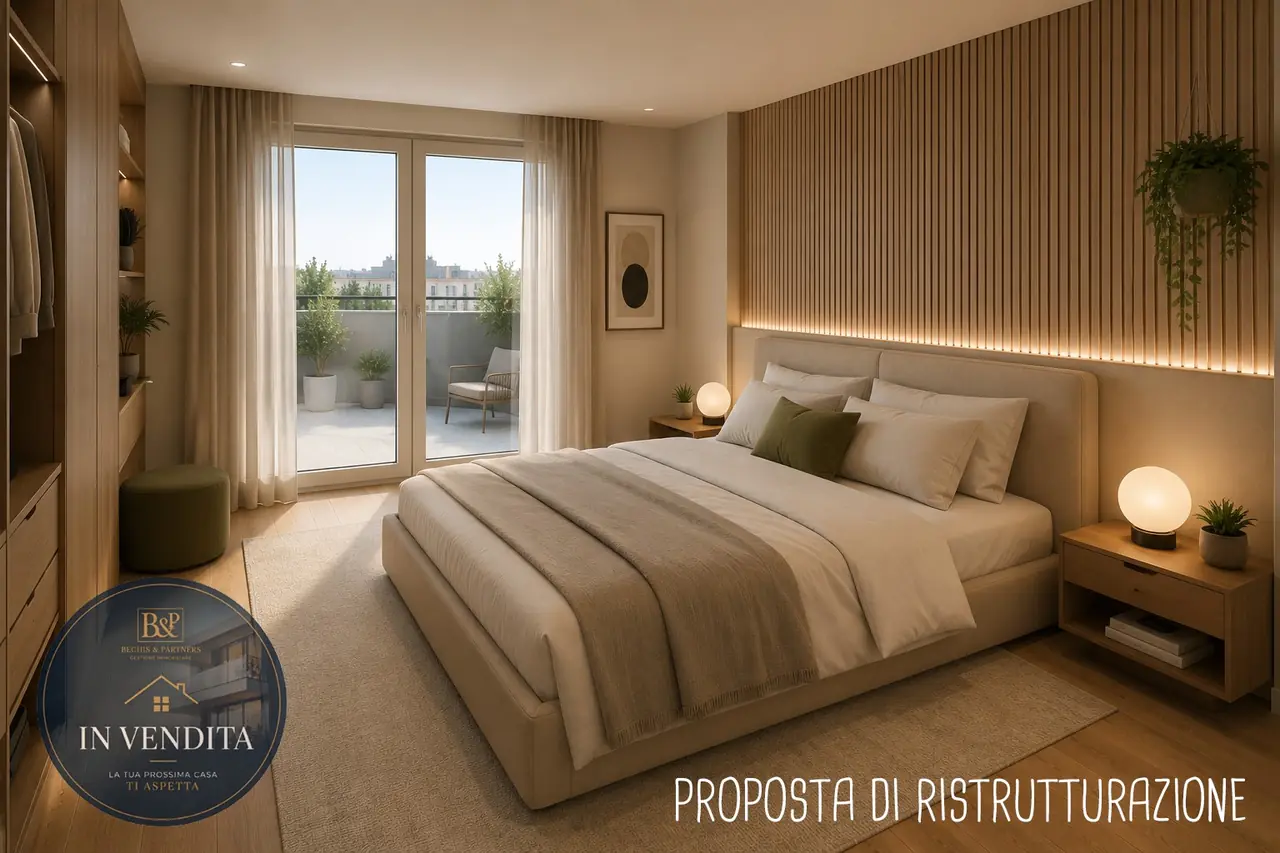 Attico panoramico al 10° piano con balcone perimetrale – Proposta di ristrutturazione · Camera da letto